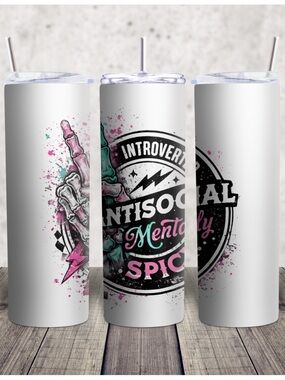 Hand Crafted White Tumbler with Black, Pink and Teal Graphic